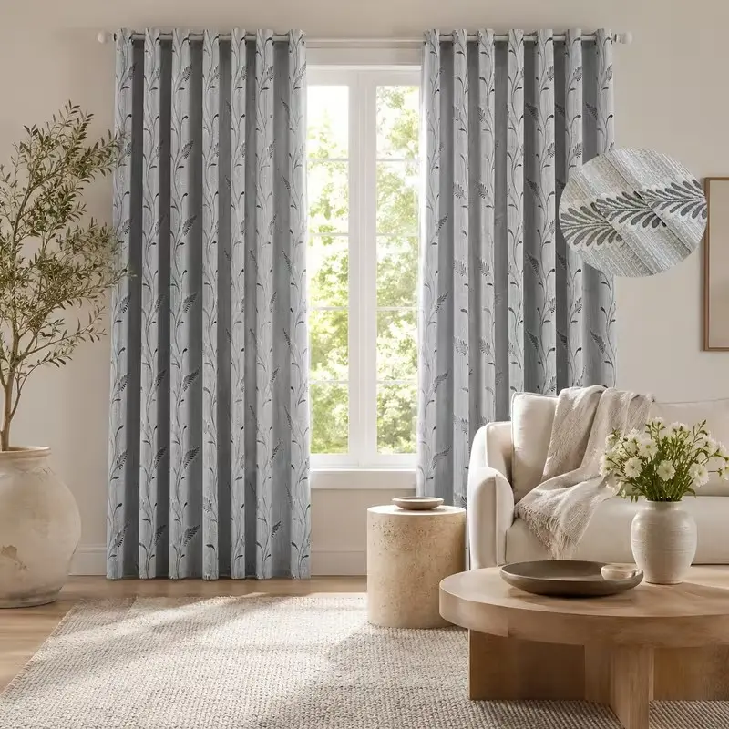 2 Panels Modern American Style Grey Leaf & Branch Jacquard Thick Curtains, Grommet Top Design. Ideal for Sliding Floor-to-Ceiling Windows, Villas, Dining Rooms and Master Bedrooms Decoration. Machine washable, fade-resistant and shape-retaining, easy for