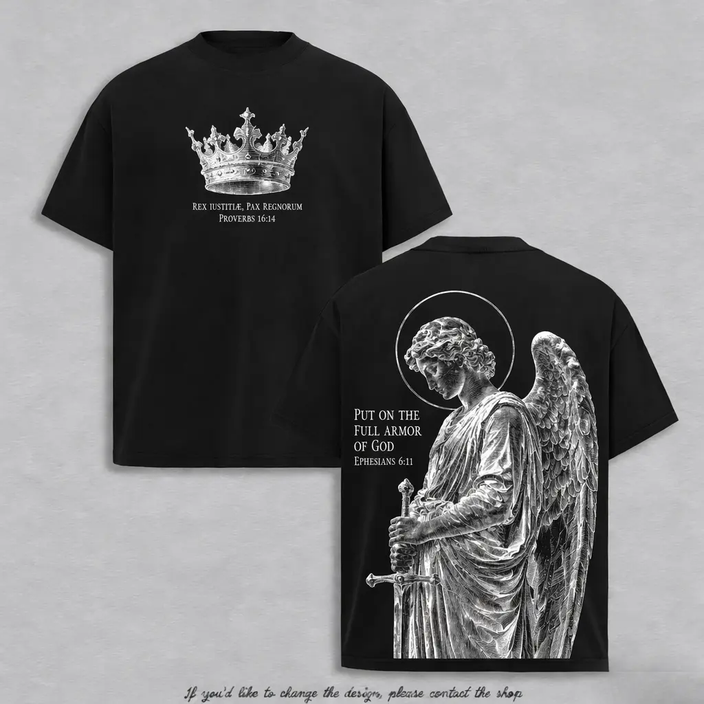 Armor Of God Guardian Angel Christian Graphic Tee, Front Vintage Royal Crown Latin Proverbs Chest Print, Back Engraved Sword Bearing Angel With Ephesians 6:11 Bible Verse, Medieval Gothic Faith Oversized Tshirt, Dark Aesthetic Religious Streetwear-ZB
