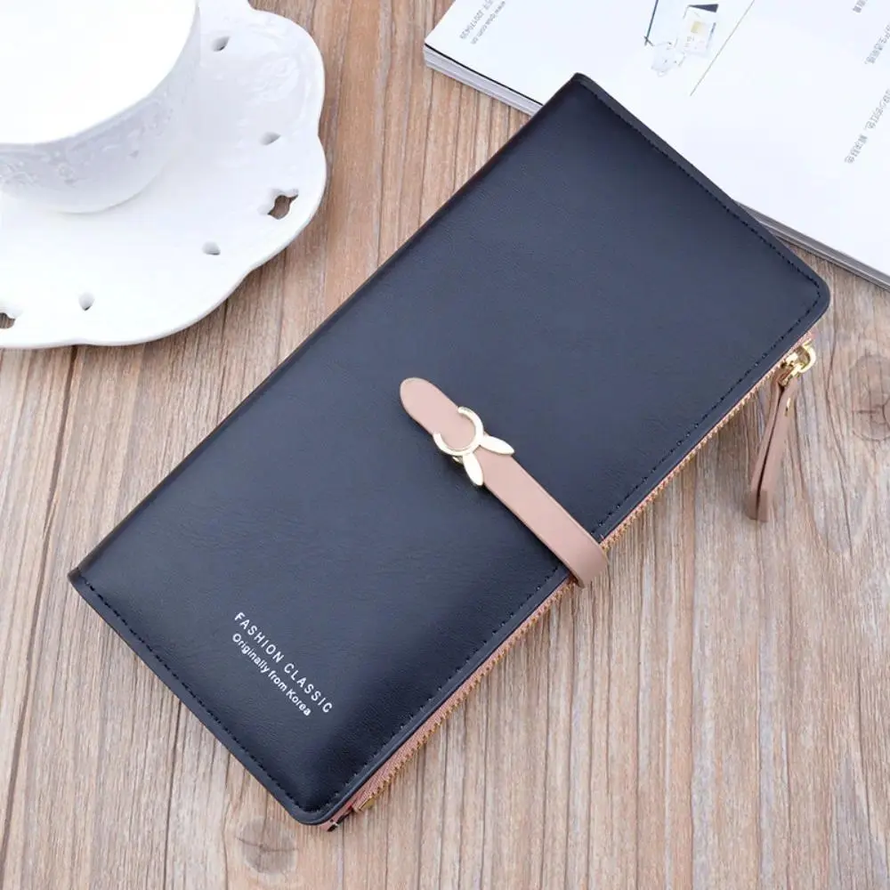 Women's Colorblock Long Shape Wallet Clutch - Faux Leather Zip Closure Wallets for Women with Rabbit Buckle, Large Capacity Card Holder with Multiple Slots, Coin Pocket for Daily Carry, Travel