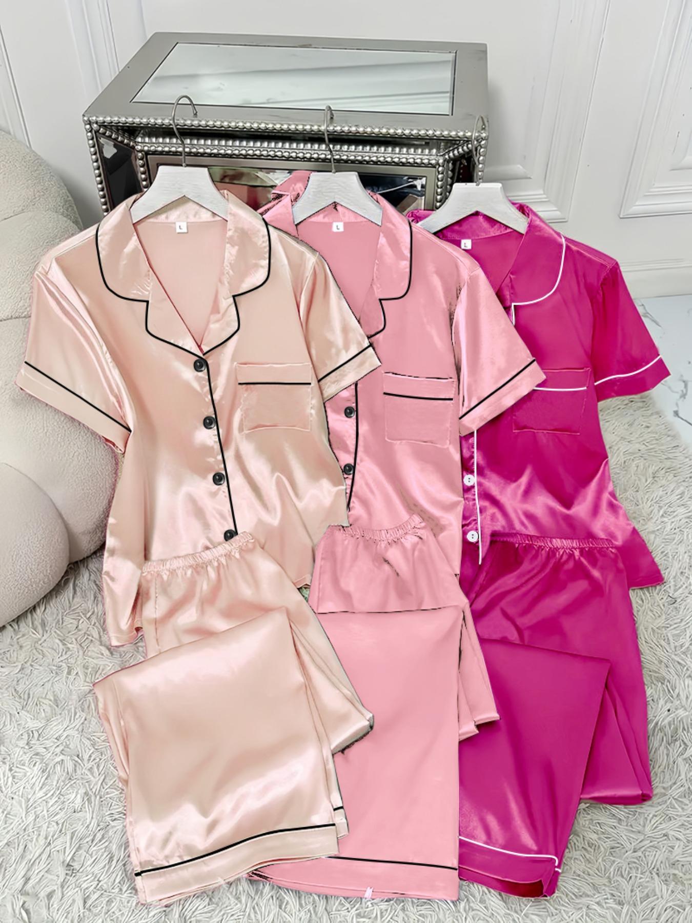 Women's Contrast Binding Lapel Shirt & Elastic Waist Pants Satin Pyjama Set, Casual Comfy Short Sleeve Pocket Button Up Top & Elastic Waist Long Trousers PJ Set, Ladies Sleepwear for All Seasons, Pajama Set