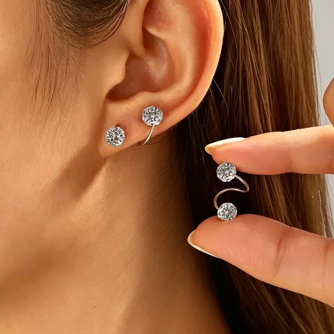 Women's Sparkly Silver Rhinestone S-Shape Stud Earrings - Premium Stainless Steel Double-End Screw-Back Synthetic Diamond Ball Jewelry, Minimalist Luxury Piece for Party, Wedding Gift