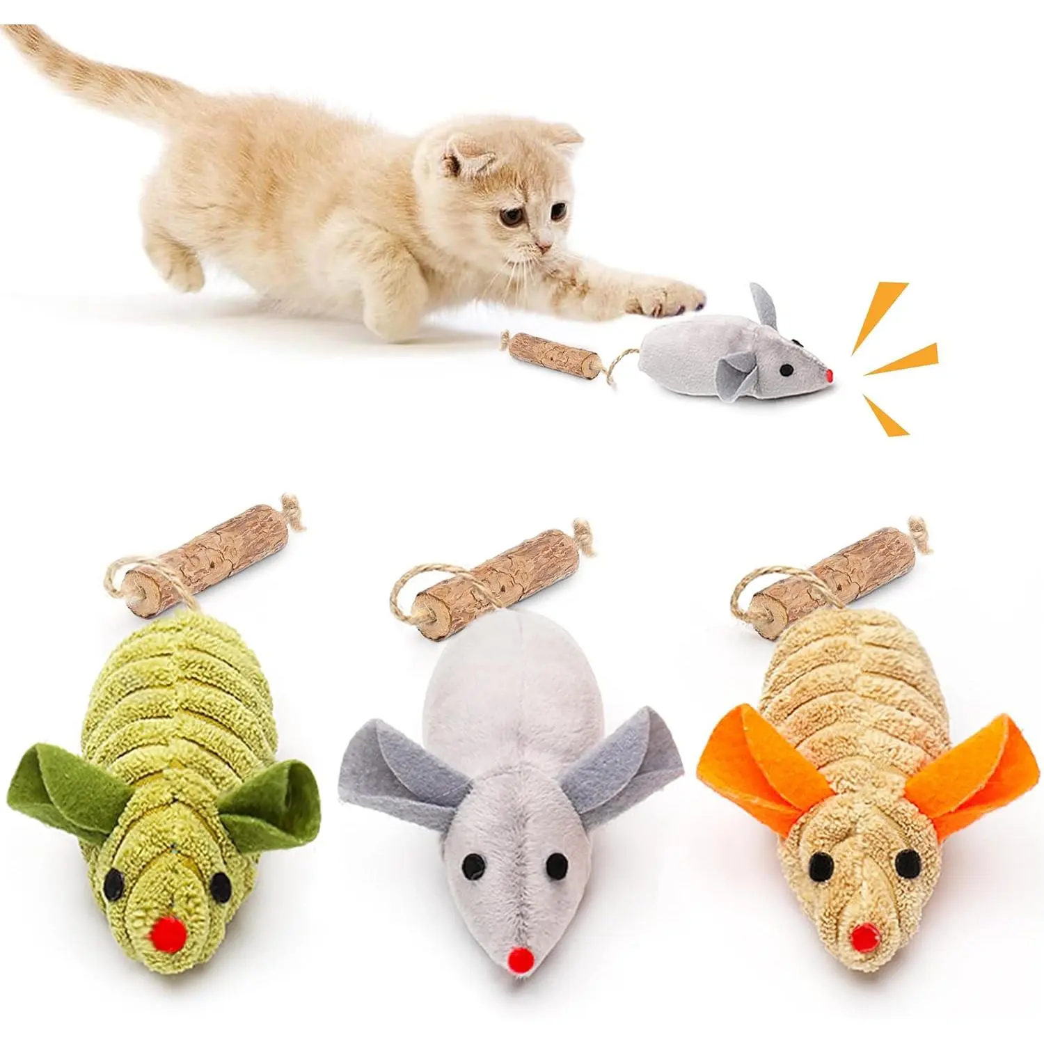 3pcs Squeak Mice Interactive Catnip Silvervine Animals for Indoor Kittens - Dental Matatabi Cat Nip & Chew Exercise Toy for All Breeds & Species