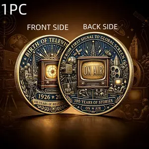 1PC Vintage TV Memorial Coin, Alloy 3D Relief Classic Radio Equipment Theme Collectible Medal, Entertainment News Sports Media Culture Series Commemorative and Decorative Collectible.