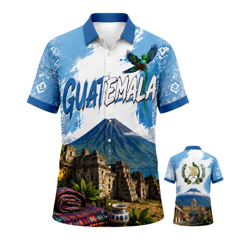 Men's Soft Button-Down Garment, Classic Basic Casual Tropical Guatemala Polyester Short-Sleeve Aloha Shirt, for Beach Vacation & Casual Outings