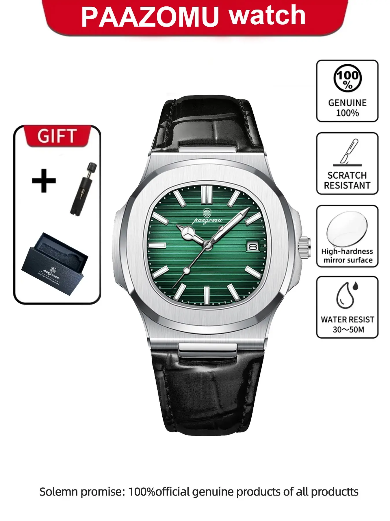 Waterproof Night Glow Fashion Sport Square Men's Watch, Square Design, Leather Strap, Stylish and Durable Timepiece with Analog Quartz Movement, Quartz Wristwatch for Everyday Use, Fashionable Waterproof Wristwatch, Analog Wristwatches