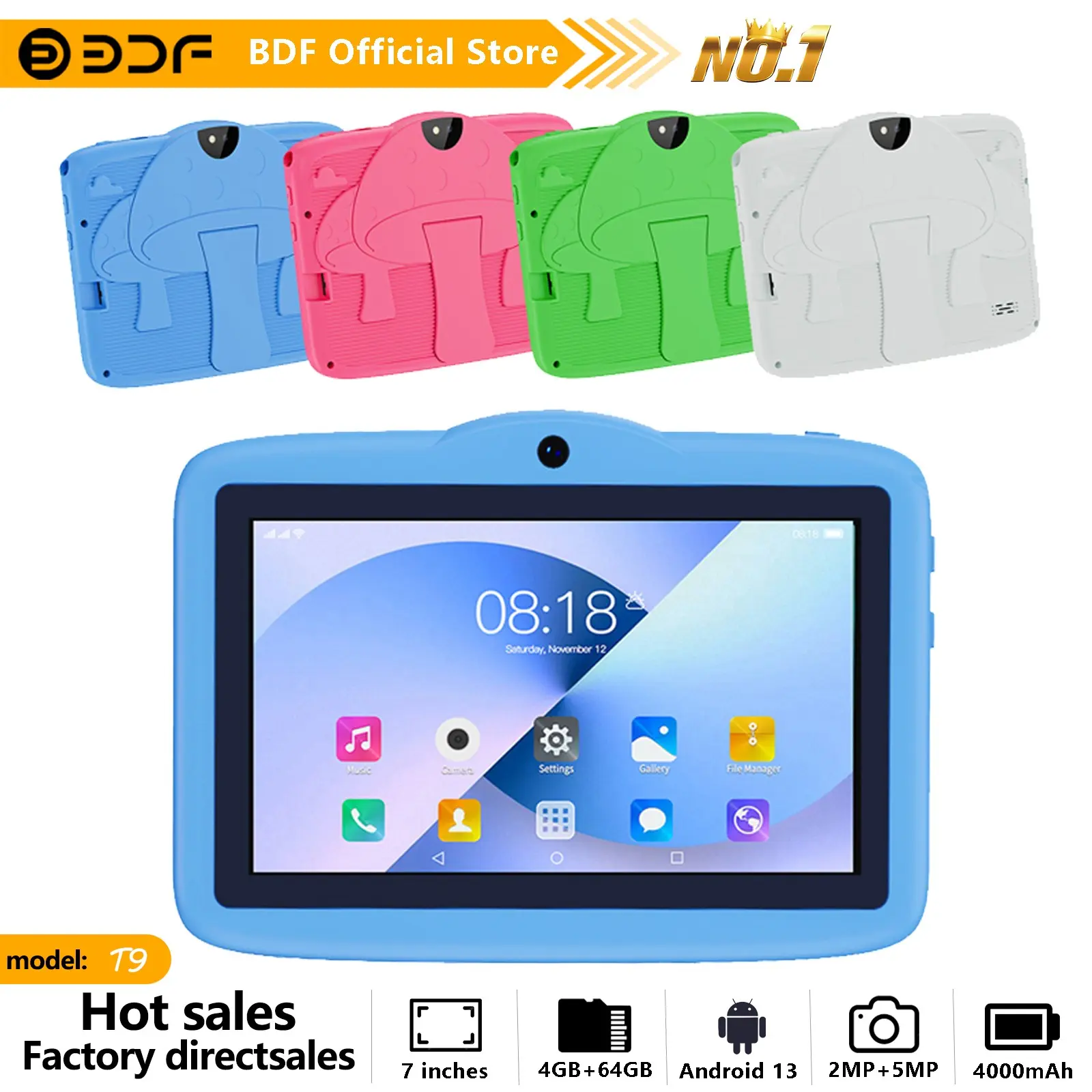Bdf 7-Inch Android 13 Tablet with Education Software, USB Charging, Quad-Core Processor, 4GB RAM, HD IPS Display, 64GB Storage, 4000mah Battery