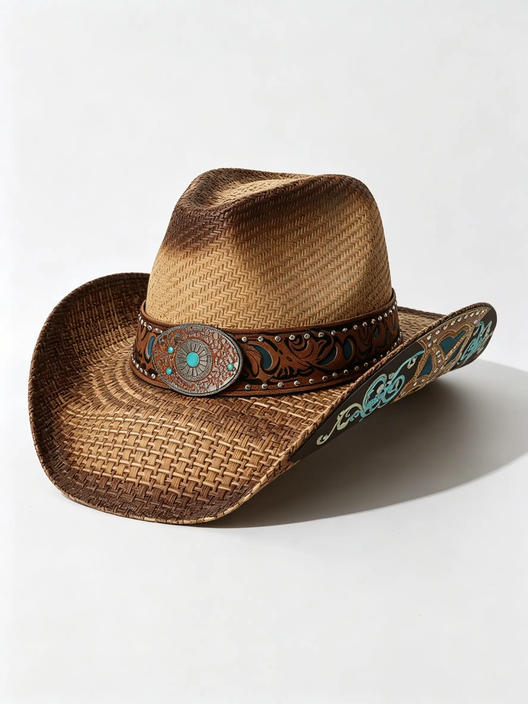 Western Cowboy Hat for Women, Braided Straw Material, Turquoise Inlay, Metal Buckle, Wide Leather Band, Boho Style, Outdoor Sun Hat