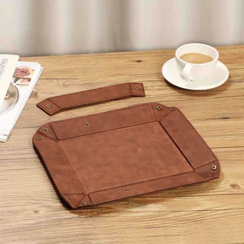 Vintage-Style Brown PU Leather Durable Valet Tray Organizer et90173 - Multifunctional Tabletop Storage with 2 Compartments, Snap Corners, Water-Resistant, Scratch-Proof for Jewelry, Keys, Wallet - Ideal Gift for Men, Desktop Storage