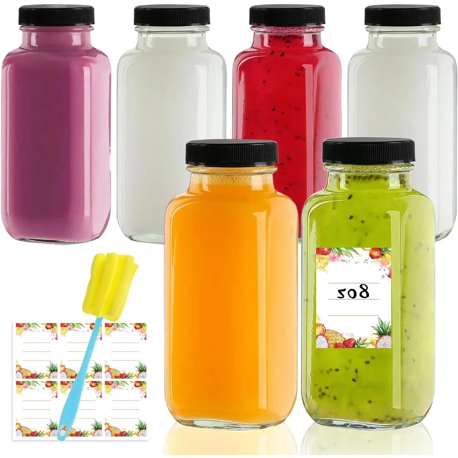 8 oz Glass Juice Bottles with Lids, 6-Pack - Reusable Small Drinking Jars for Green Juices, Shots & Smoothies