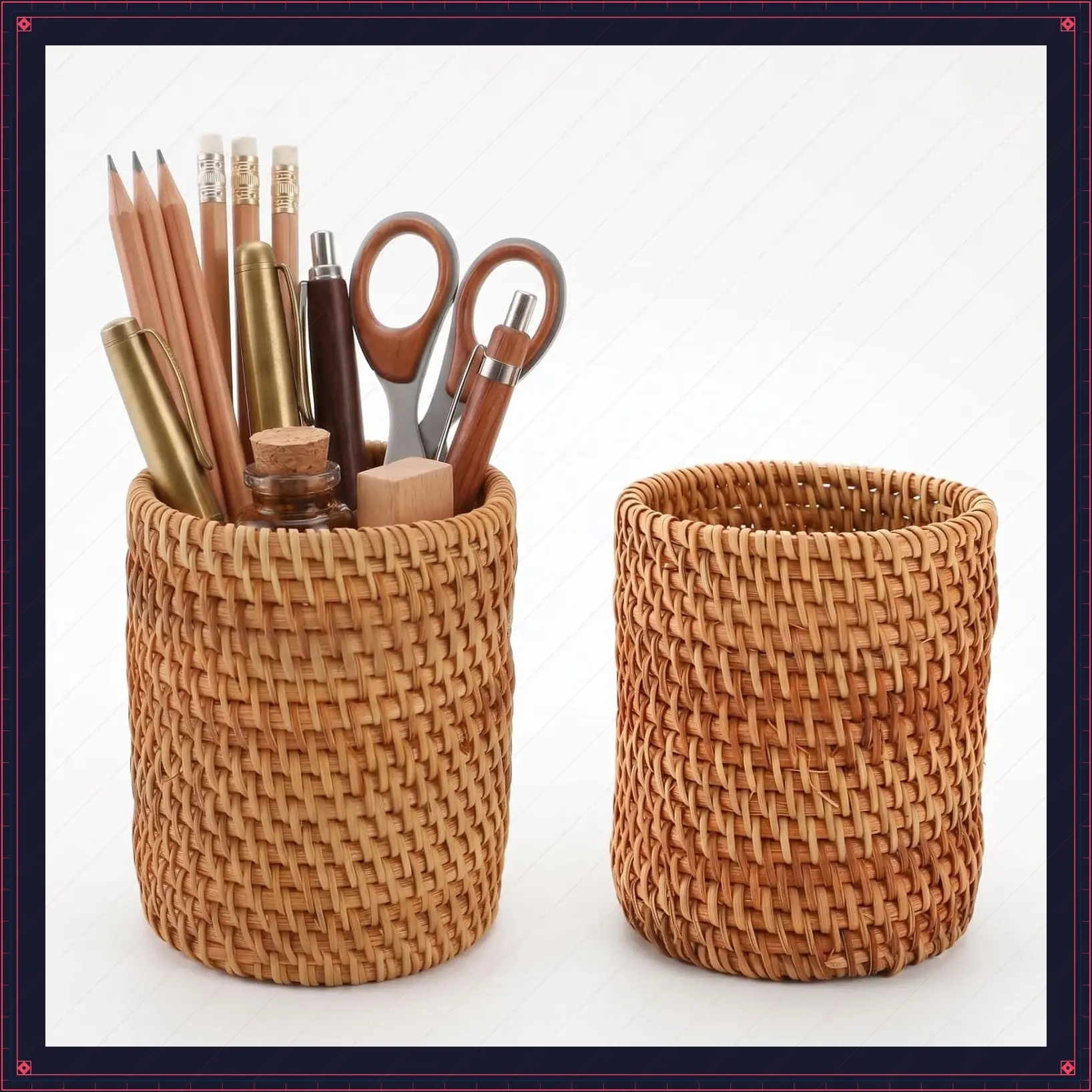 2 Pack Handmade Rattan Wicker Pencil Holder, Multipurpose Cylindrical Desk Organizer for Pens, Makeup Brushes, Kitchen Utensils - Natural Woven Vine Pen Cup for Office Home DesktopGift