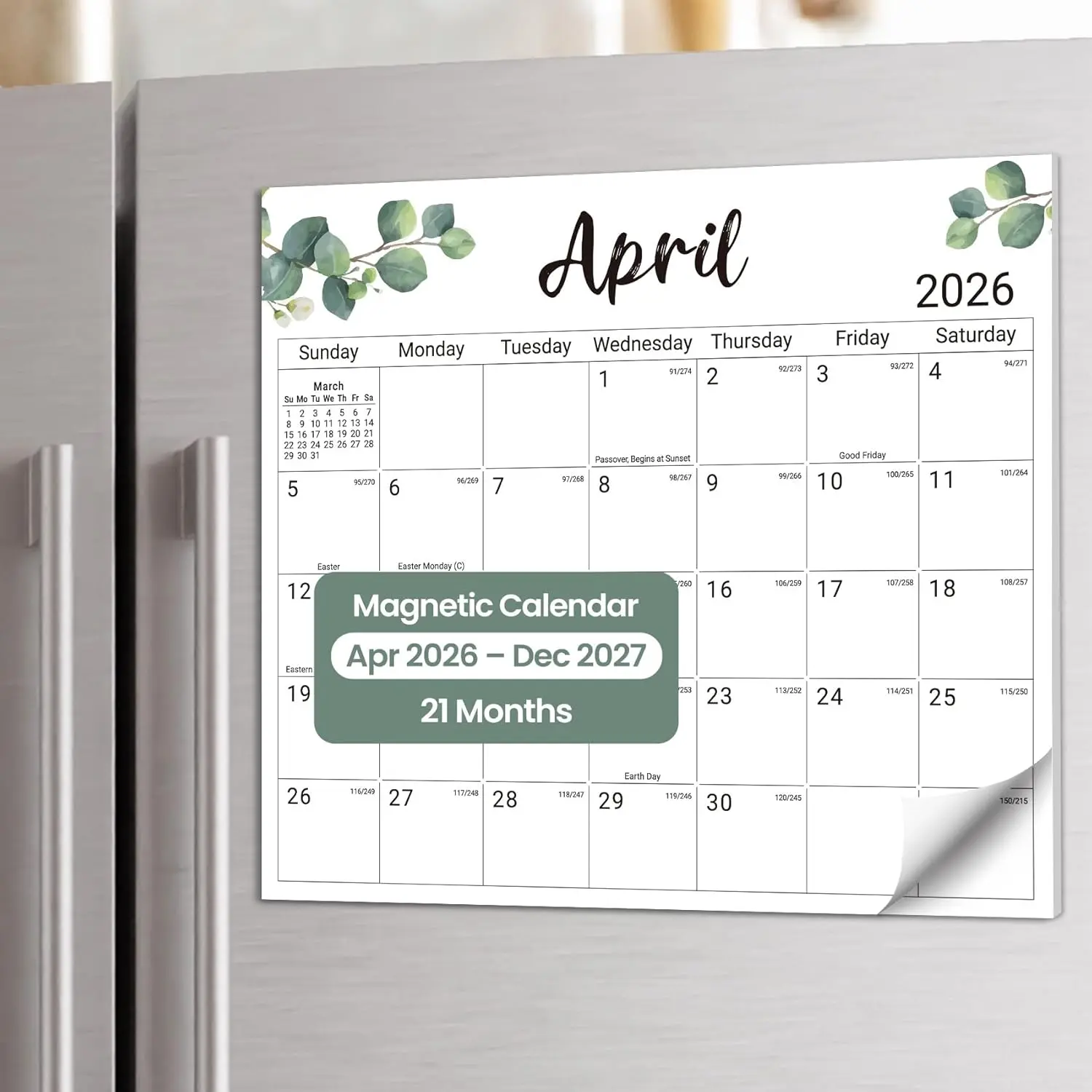 Greenery Theme Fridge Calendar Organizer - 21-Month 2026-2027, 13x11.5 in Monthly View Ultra-Thick Paper, April 2026 to December 2027, Office Stationery for Fridge Surface Organizing
