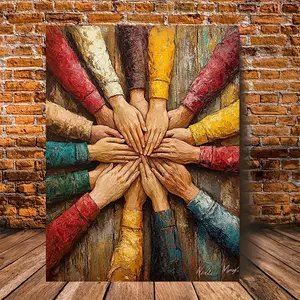 1pc Framed Canvas Wall Art - Teamwork Helping Hands Inspirational, Vibrant Colors Motivational Office Decor for Workplace Success, Positive Team Collaboration Artwork, Rustic Background, Modern High-Quality Print, Corporate Gifts, 2D Flat Design, Perfect