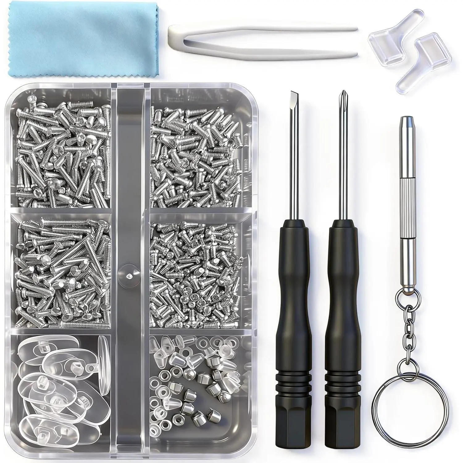 Eyeglass Repair Kit with Screws, 15 Types Screws for Eyeglasses - Frame Screws, Hinge Screws, Nose Pads Screws - Essential Eye Glasses Repairing Kit Tool