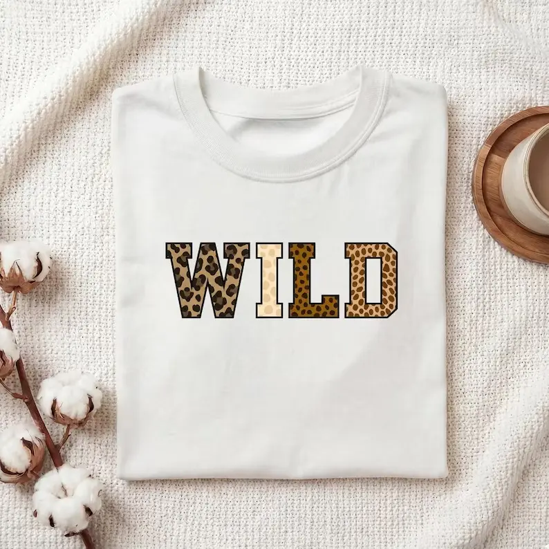 Leopard Print WILD Letter Graphic T‑Shirt, Oversized Comfort Cotton Short Sleeve Top, Trendy Fashion Printed Craft Tee, Cool Casual Outfit, Holiday Best Gift for Him Her, Present for Wild Style Lovers