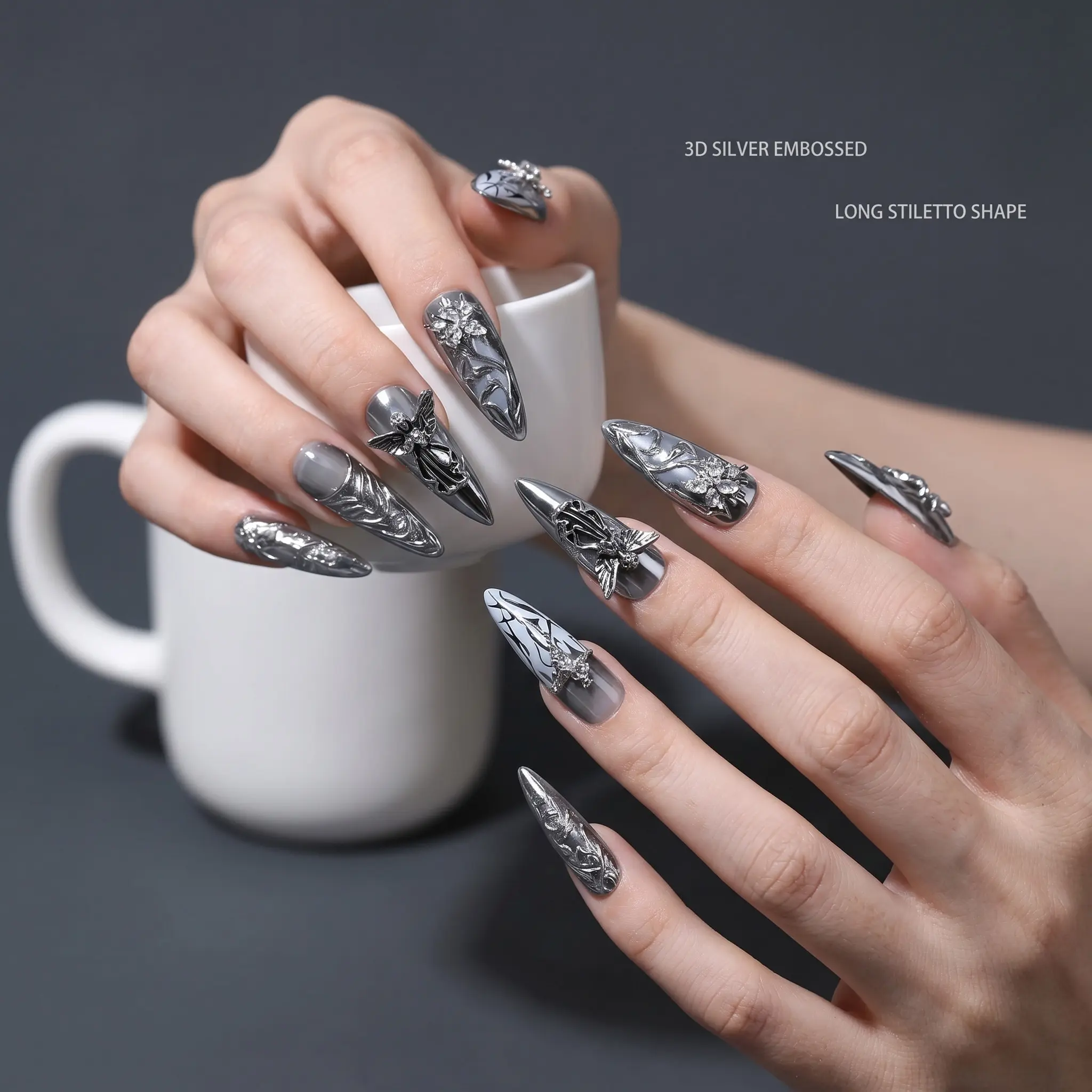 10Pcs TRUTH AMOR Gothic Angel Press On Nails Design, Long Stiletto Silver Mirror Fake Nails, Metallic 3D Carved Nail Art, Reusable False Nail Kit, GothicNails, SilverNails, AngelNailArt, PressOnNails