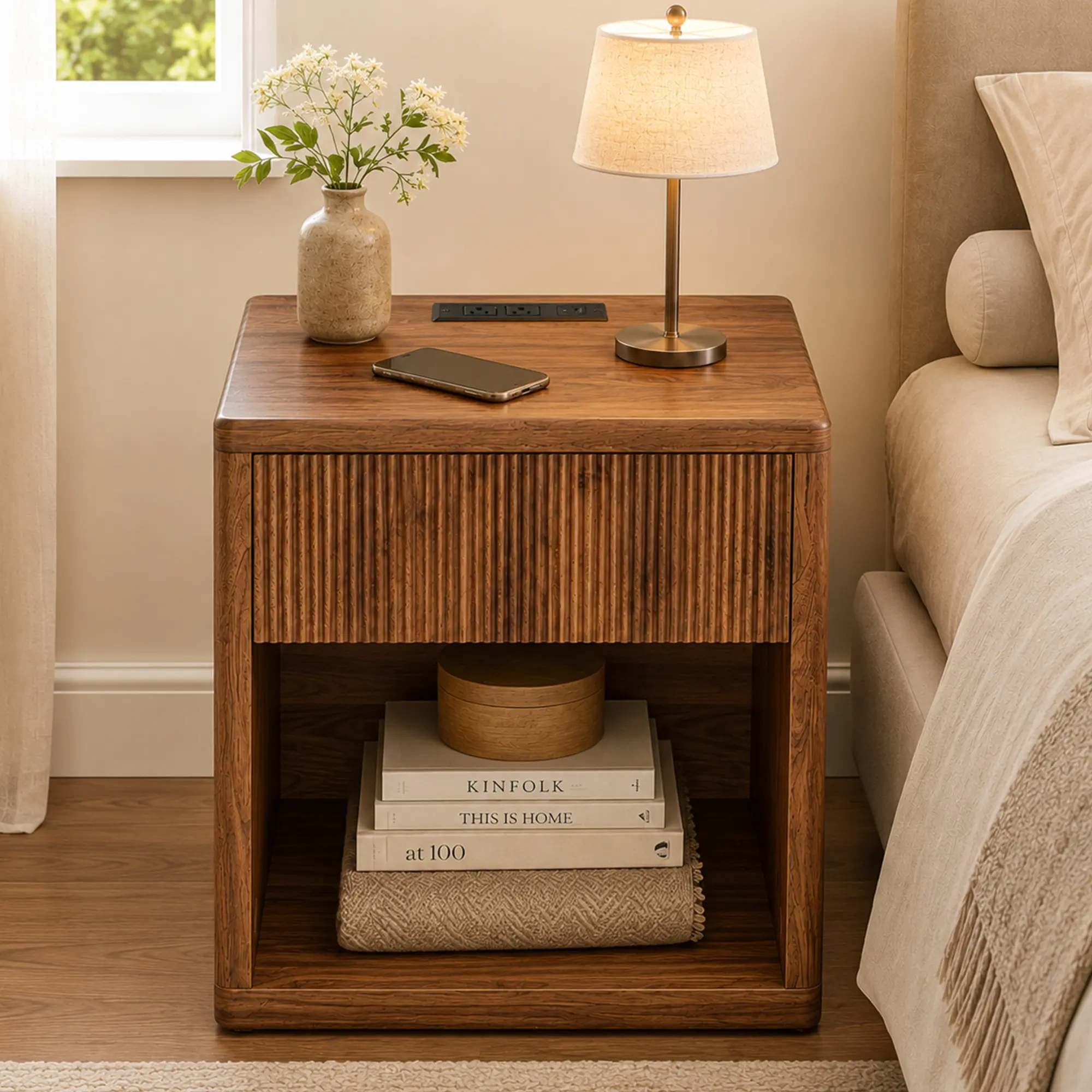ARCH Nightstand with Drawer Storage Fluted Bedside Table Large Modern Wide End Table Mid Century Night Stand for Bedroom Living Room Sofa Couch Home Office Walnut MDF, Walnut Color Options, MDF Material, Product Dimensions: 22.70 W x 15.40 D x