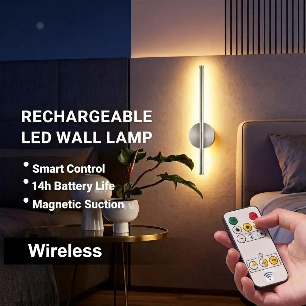 LED rechargeable wall light, gold/black/silver – 50cm linear wall light – wireless installation, stepless dimming – remote control – suitable for bedrooms, living rooms, hallways and studies. Indoor wall light