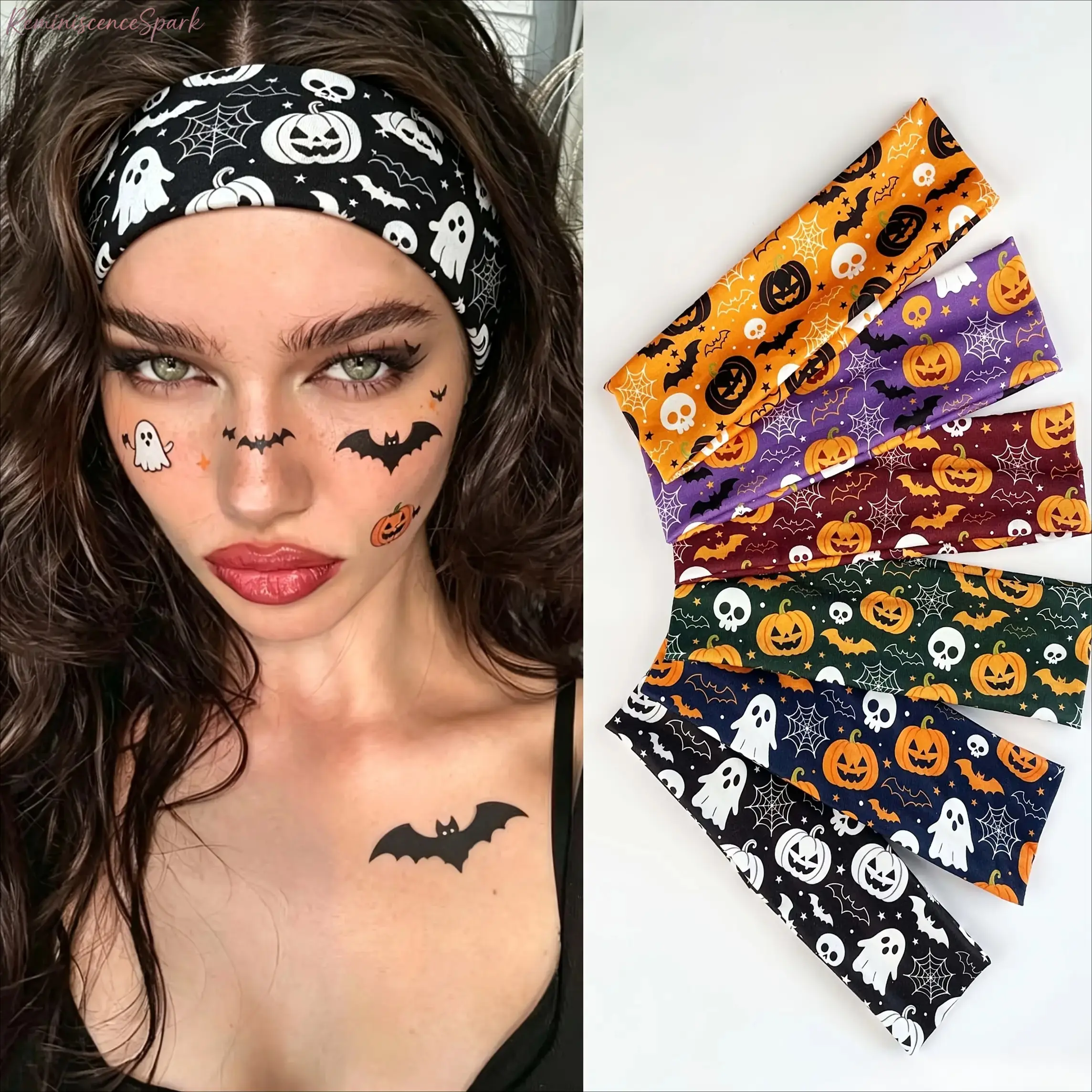 Halloween Themed Elastic Headband, Pumpkin Ghost Bat Print Stretch Hair Band, Fun Dress Up Hair Accessory for Holiday Parties, Costume Styling and Makeup Sessions