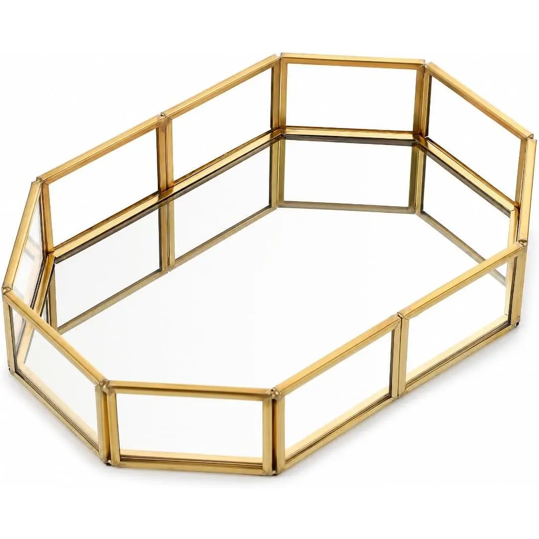 Gold Octagonal Mirror Vanity Tray, Vintage Glass Perfume Tray with Ornate Metal Frame,Decorative Jewelry Makeup Organizer for Dresser, Bathroom, Coffee Table, Home Decoration Gift for Women Mother Day