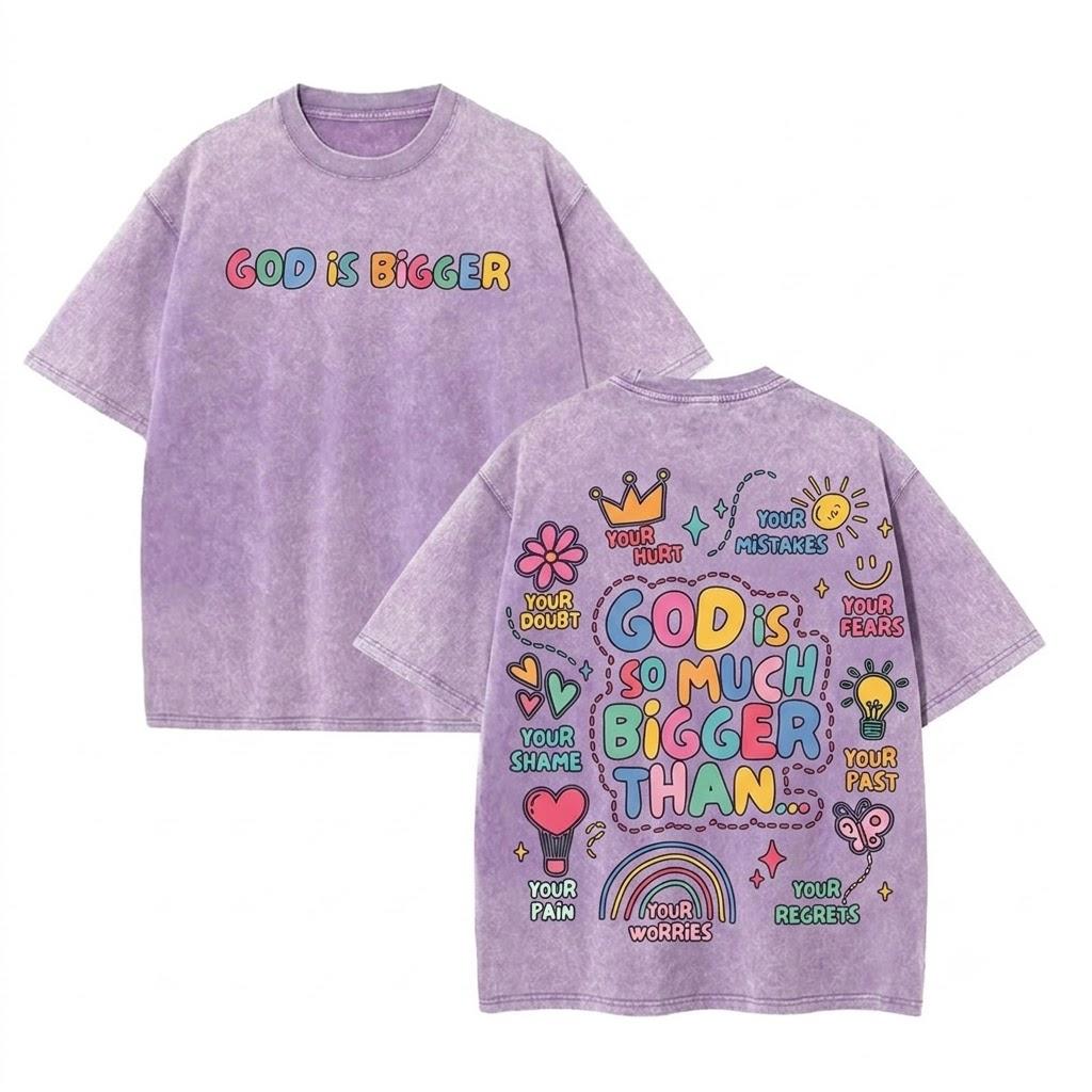 God is bigger oversized vintage acid wash graphic tee christian streetwear faith based apparel mental health awareness positive affirmation healing heavyweight y2k retro aesthetic trendy summer outfits unisex viral fashion top