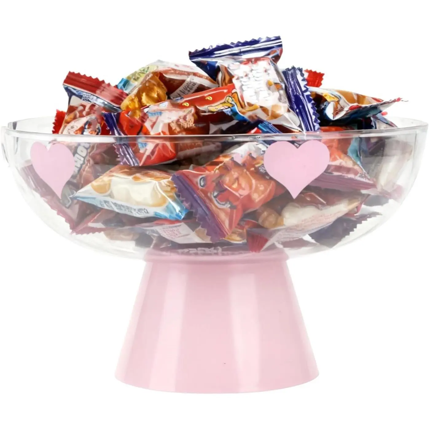 Candy Bowl with Pedestal Base, Decorative Clear Plastic Bowl with Cute Pattern for Candy, Fruit, Vegetable, Coffee Pods, 9.5x9.5x6 Inches (Pink)