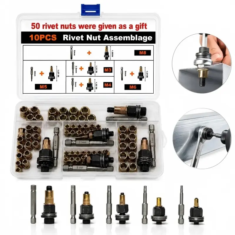 Manual rivet nut tool, M3 M4 M5 M6 M8 kit, carbon steel rivet nut set, threaded rivet nut kit, manual riveting machine tool accessories, for car repair workshop, gift for dad