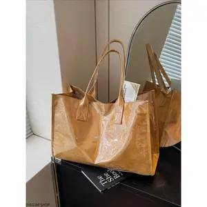 Preppy-Style Large Capacity Tote Bag, Lightweight PVC & Kraft Paper Shoulder Bag With Magic Tape Closure For Women