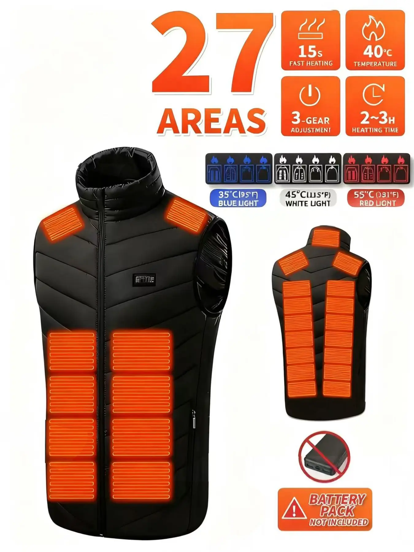 Men's Smart Heating Vest, Couples Edition, 4 Switches Control 27 Zones, Zipper Details, Ideal for Fall Winter Outdoor Activities