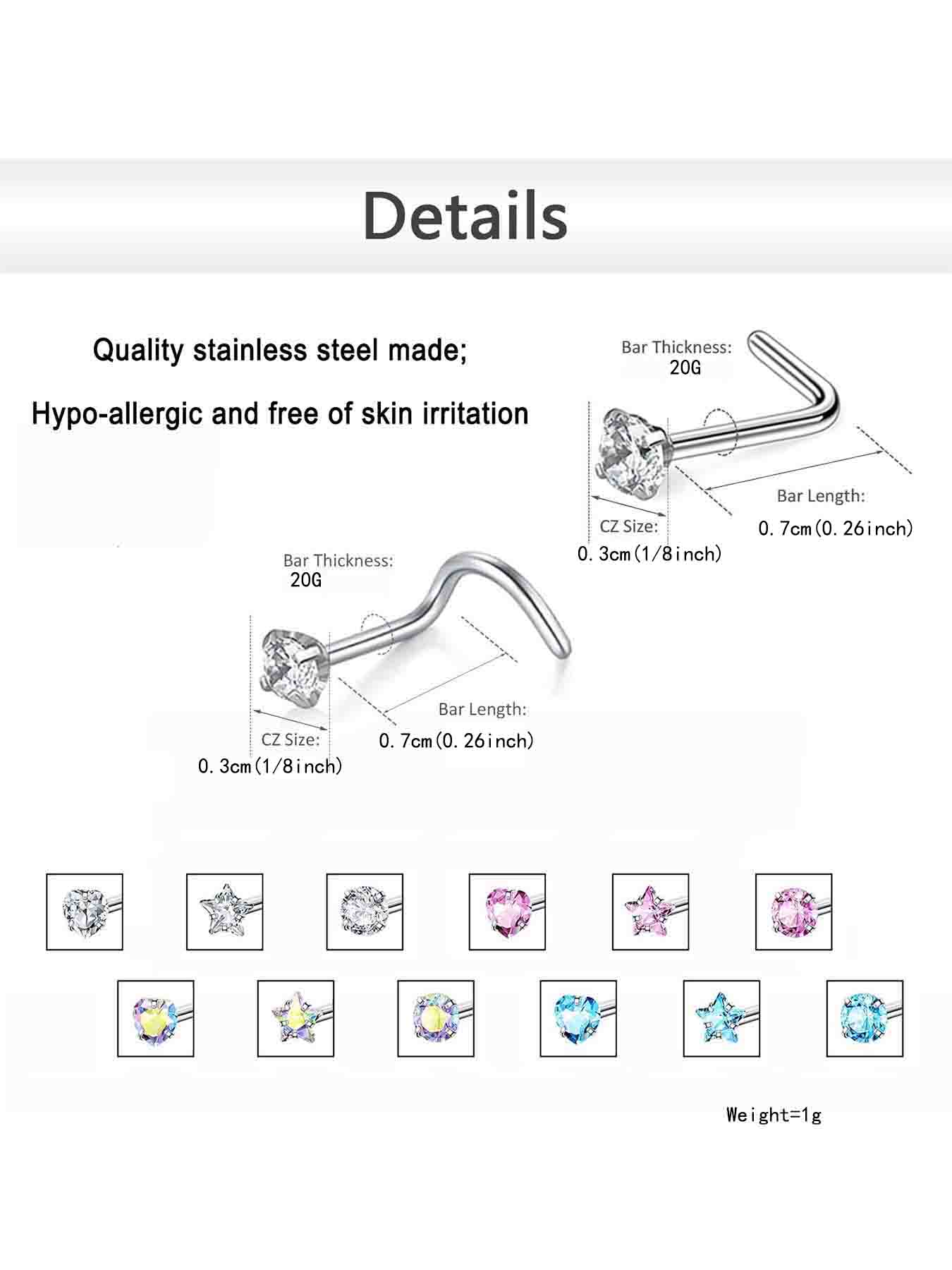 12pcs/set Rhinestone Decor Nose Studs, Stainless Steel Nose Rings, Fashion Body Jewelry for Women & Men