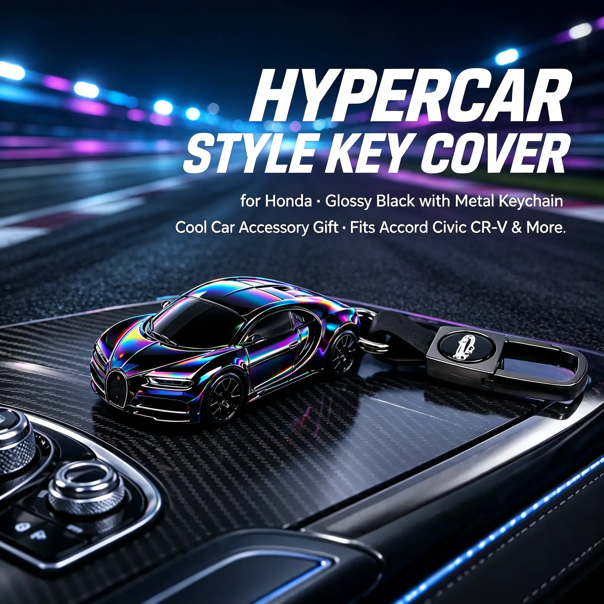 (FS) Sports Car Key Fob Cover for Honda, Hypercar Style Glossy Black Key Case with Metal Keychain, Fits Accord Civic CR-V Pilot Odyssey, Cool Car Accessory Gift for Honda Owners