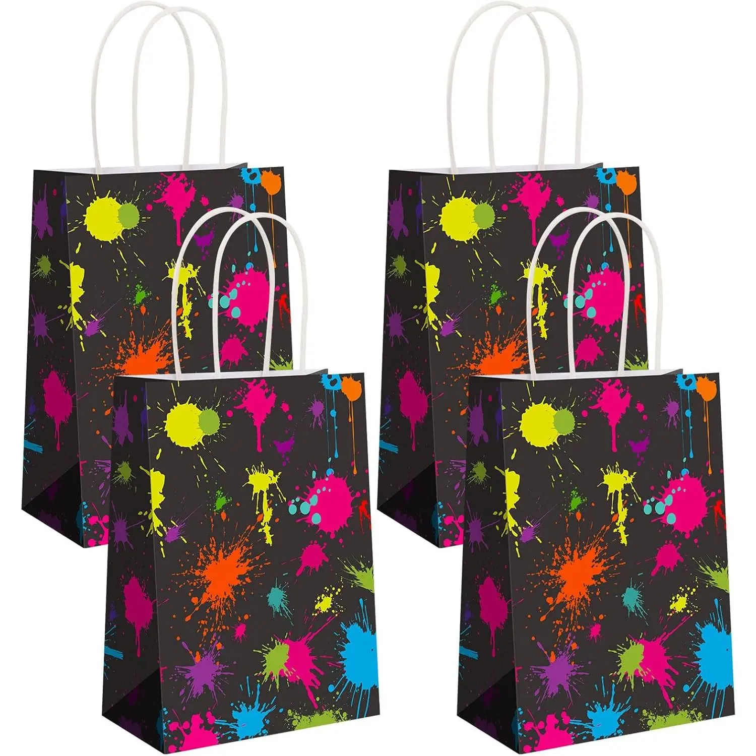 12 count Neon Birthday Party Favor Glow in the Dark Party  Bags with Handles Neon Paper Snack  Goodie Bag Candy  Wrapping for Glow Themed Birthday Decoration Supplies