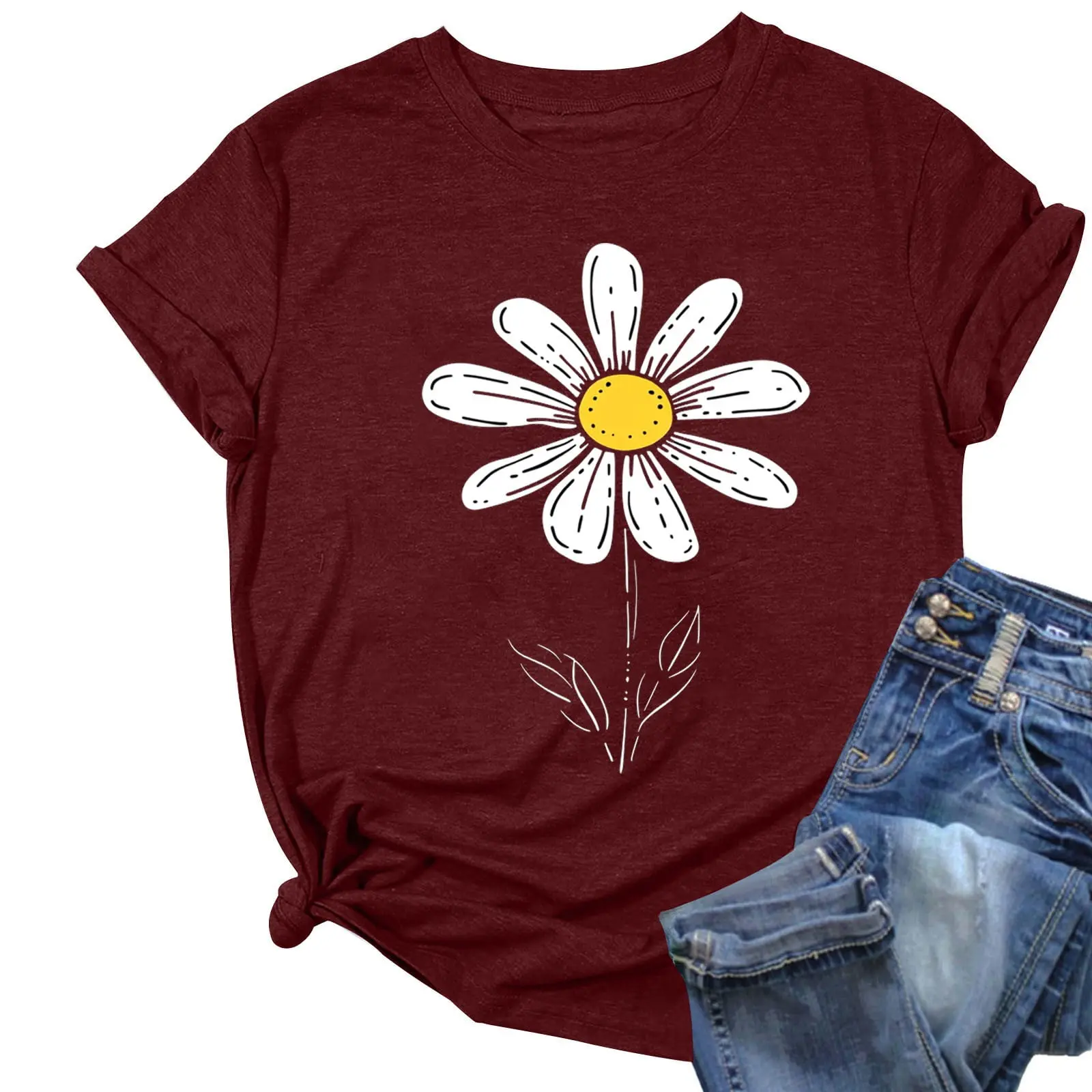 Womens T-Shirts Printed Floral Crew Neck Short Sleeved Tops(Burgundy,S)