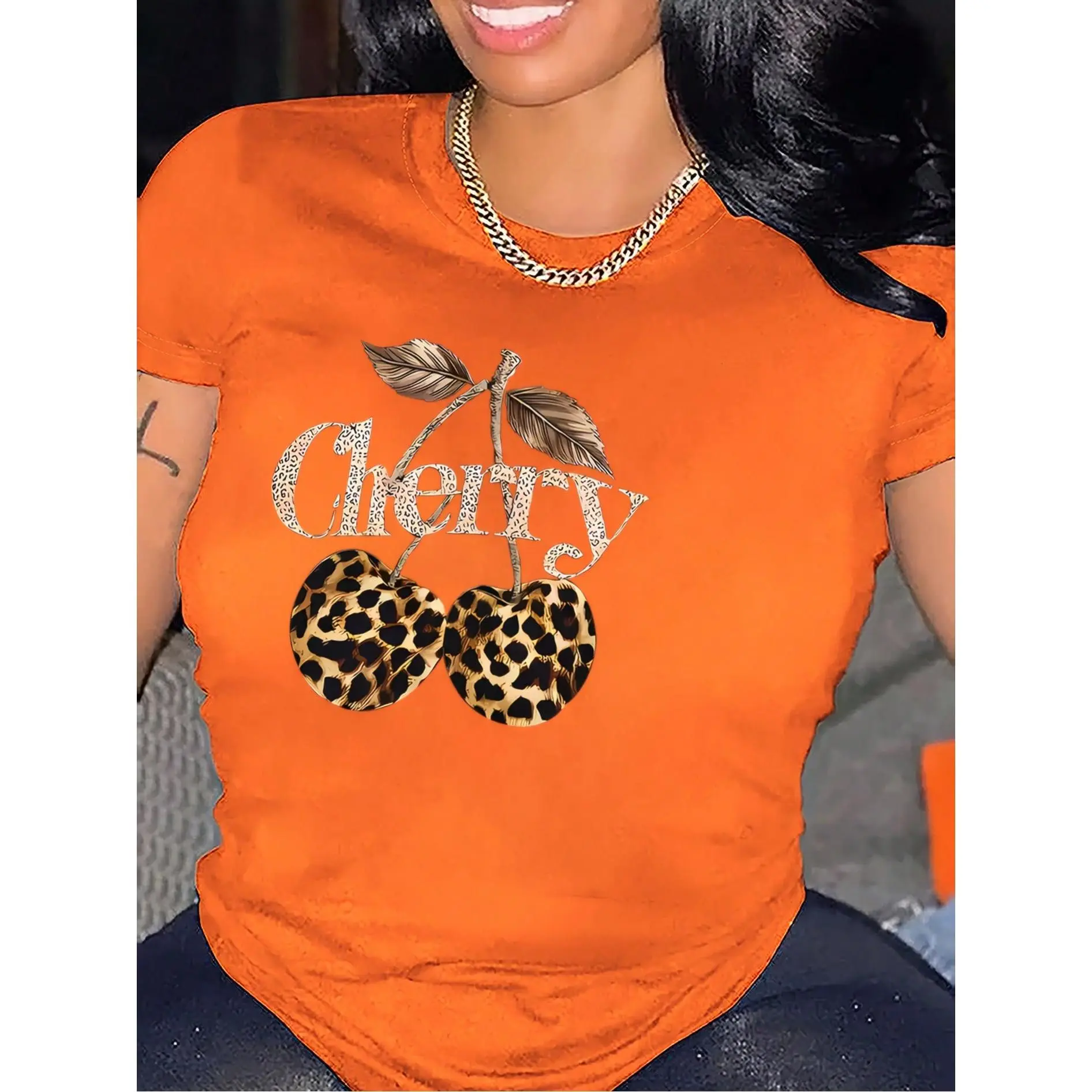Women's Plus Size T-Shirt, Casual Leopard Cherry Print Short Sleeve Knitted Top, Loose Fit for Daily, Party, or Festival Wear, Shortsleeve