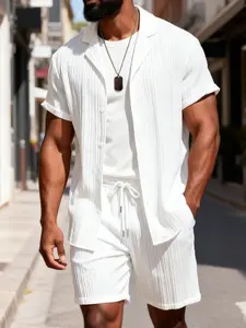 Men Solid White Vertical Crinkle Texture 2 Piece Casual Loungewear Set, Lapel Short Sleeve Button Shirt & Drawstring Shorts, Lightweight Cool Breathable Home Outfit for Napping, Gaming, WFH & Lazy Indoor Rest