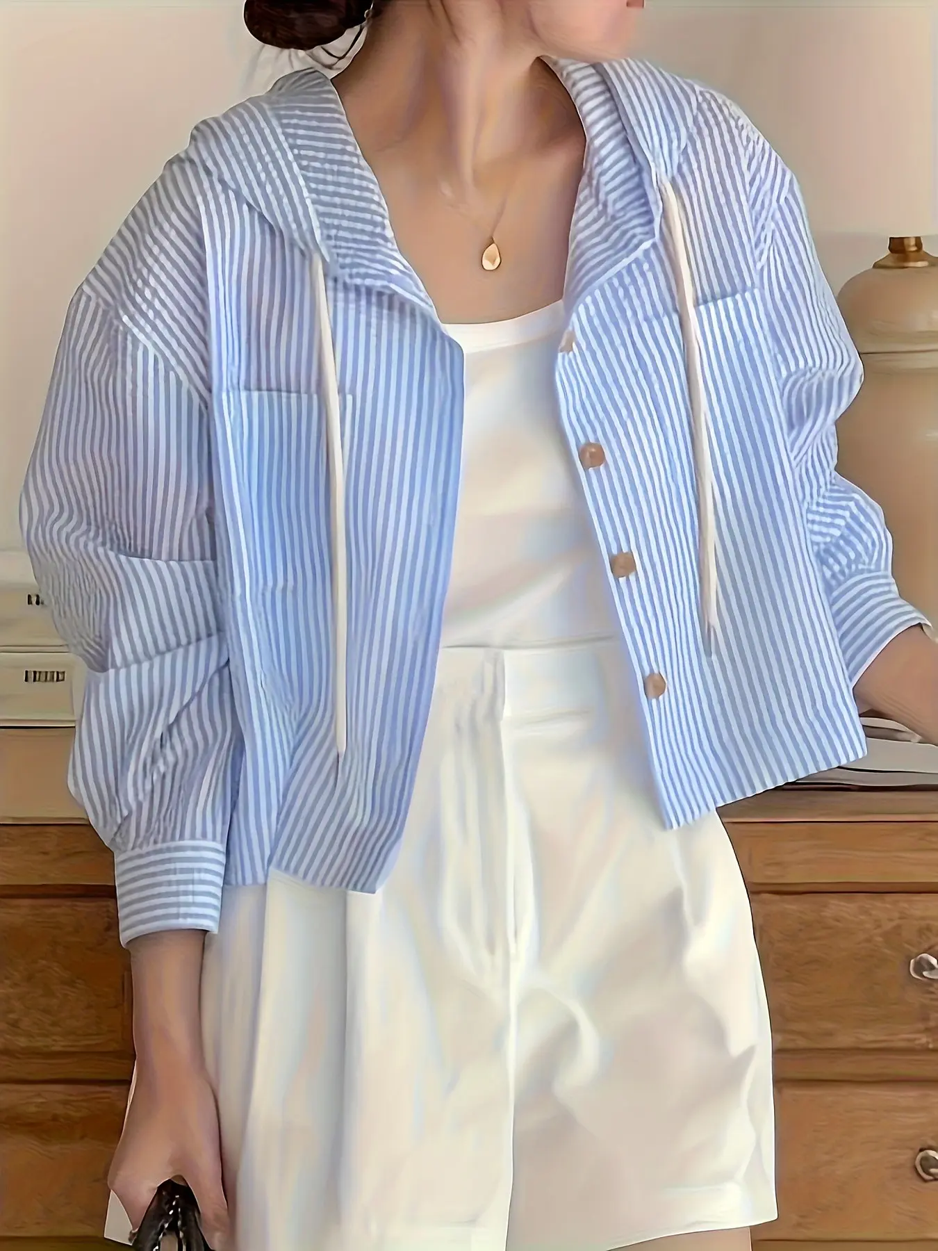 Women's Striped Drawstring Adjustable Hoodie, Loose-Fitting Long Sleeve Outerwear, Spring & Fall Casual Jacket, Lightweight Layering Top