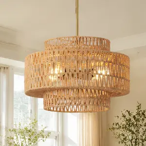 ARCH Boho Rattan Chandelier Pendant Light Fixture, 12.6-Inch 1-Light or 17.7-Inch 5-Light Hand Woven Wicker Drum Hanging Lamp, Brown Iron, Farmhouse Rustic for Dining Room, Kitchen Island, Living Room, Bedroom, Entryway, Foyer, Brown Color Options