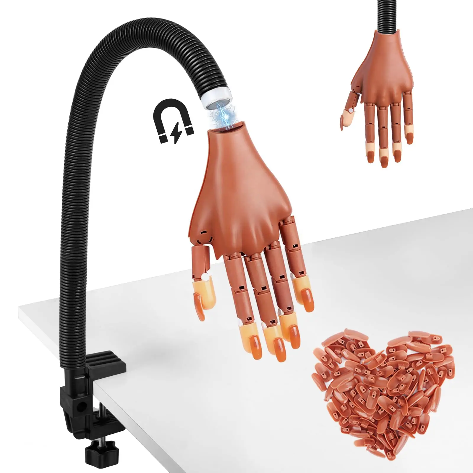 Magnetic Practice Hand for Acrylic Nails - Detachable Flexible Fingers with Desktop Clamp Stand, 100 Refill Nail Tips, Training Hand Kit for Beginners & Salon