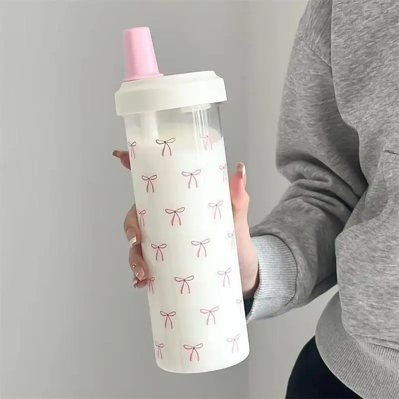 Cute Bow-Shaped Straw Water Bottle, Transparent Portable Large Capacity Reusable Covered Drinking Cup, Ideal for Home Office School Outdoor Use