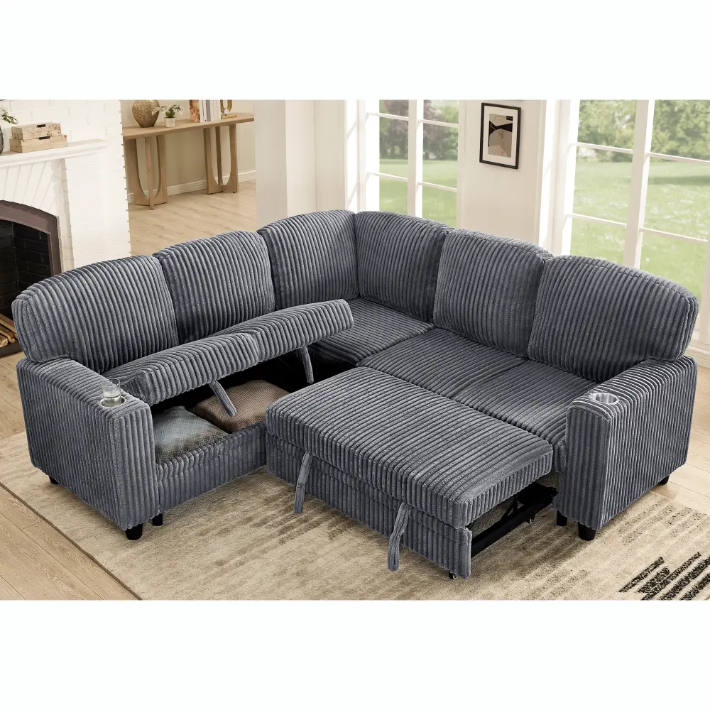 L-Shaped Sectional Sofa Bed with Pull-Out Bed & Storage, 5-Seat Sleeper Couch with USB Charging, Convertible Design for Living Room, Apartment, Corduroy Fabric, Grey