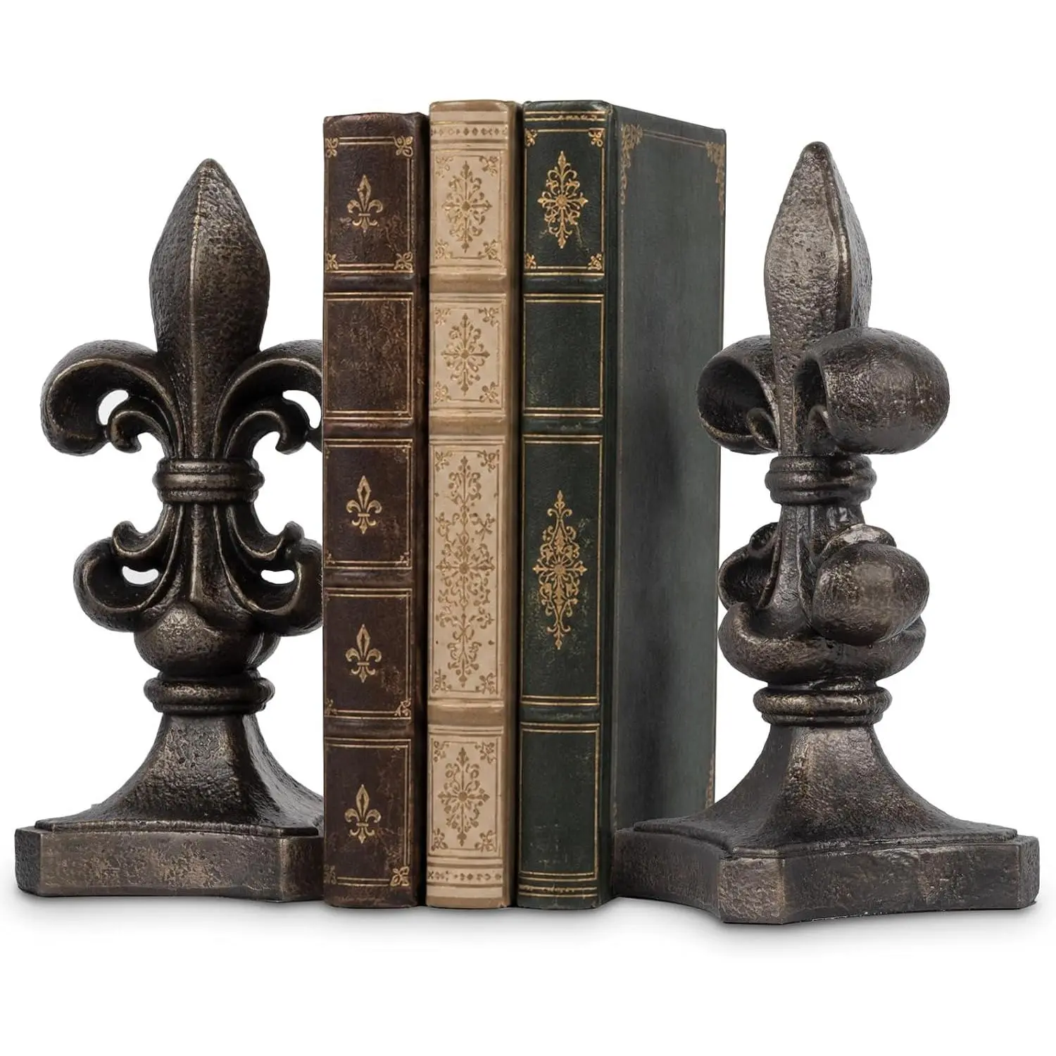 Bookends for Shelves, Vintage Fleur-de-Lis Book Ends, Hand-Painted Resin Decorative Book Holder, Heavy Duty Non-Slip Bookends for Shelves, Desk & Home Office Decor (Antique Bronze)