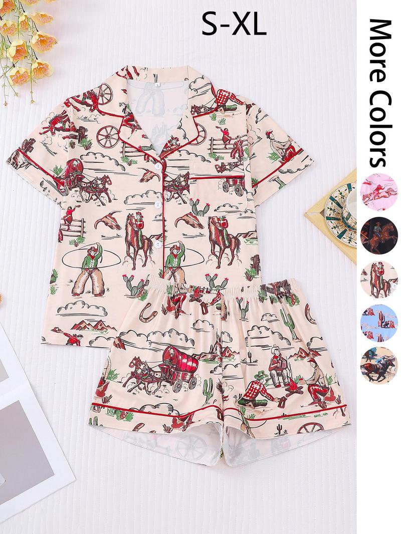 Women's All Over Cowboy Print Lapel Shirt & Shorts Pajama Two-piece Set, Casual Comfy Short Sleeve Top & Shorts PJ Set, Ladies Summer Sleepwear
