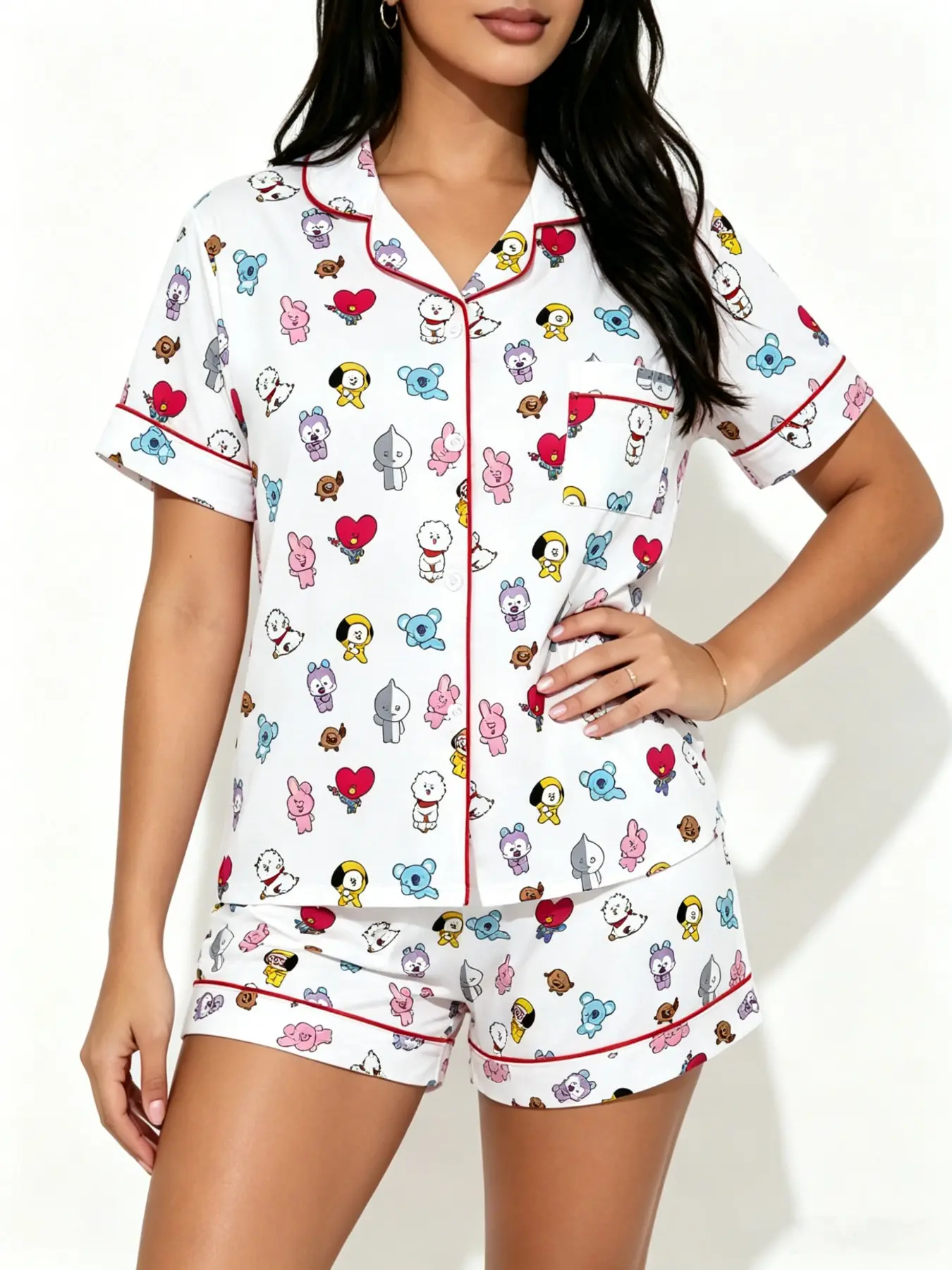 Adorable Cartoon Print Pajama Set, Short Sleeve Button-Up Top & Elastic Waist Shorts, Soft Breathable Summer Sleepwear, Casual Home Wear