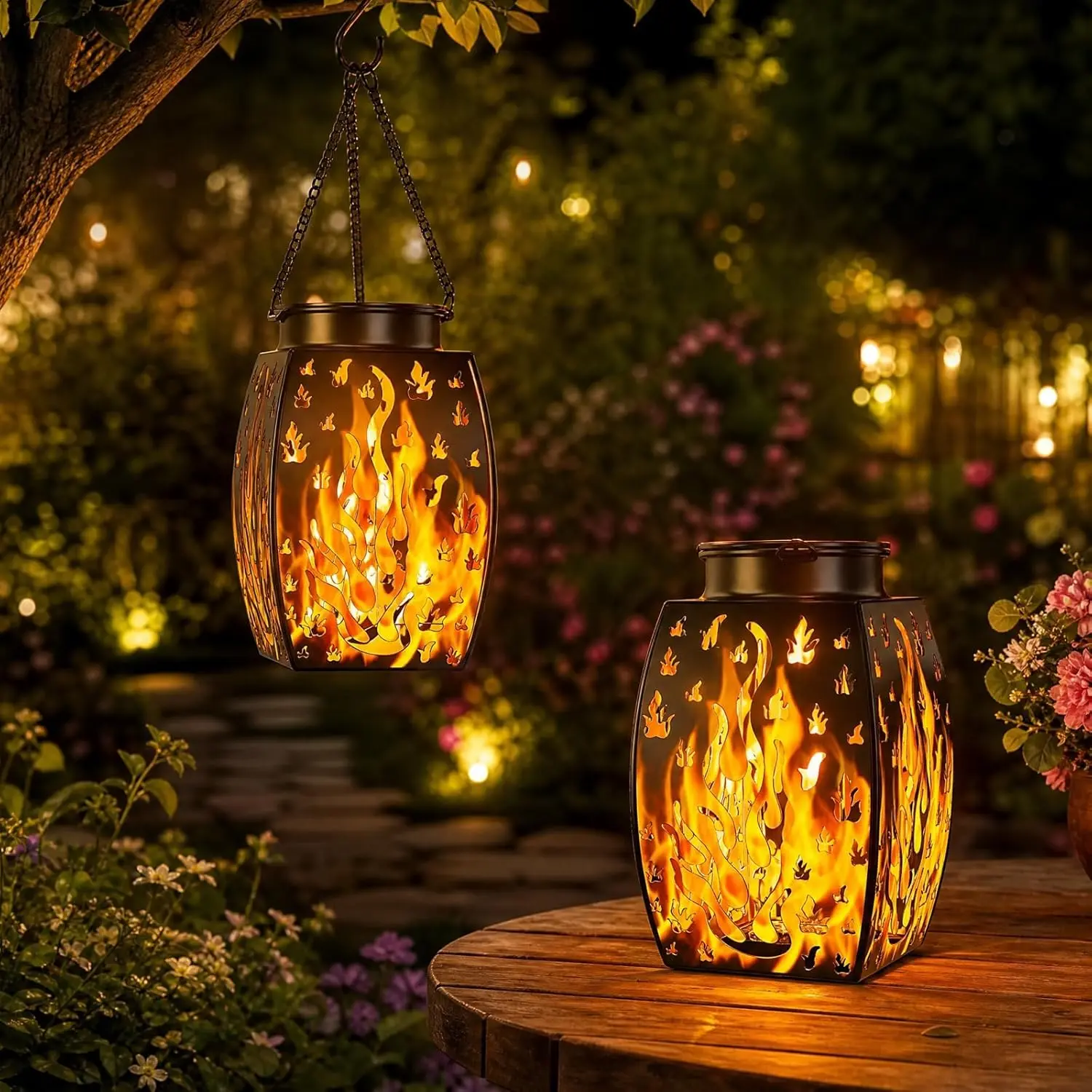 Solar Lanterns Outdoor Waterproof Hanging with Flickering Flameless Candles, 2 Pack 13'' Garden Outdoor Lantern Decorative for Patio Front Porch Backyard Balcony Cabin Outside(Antique Copper)