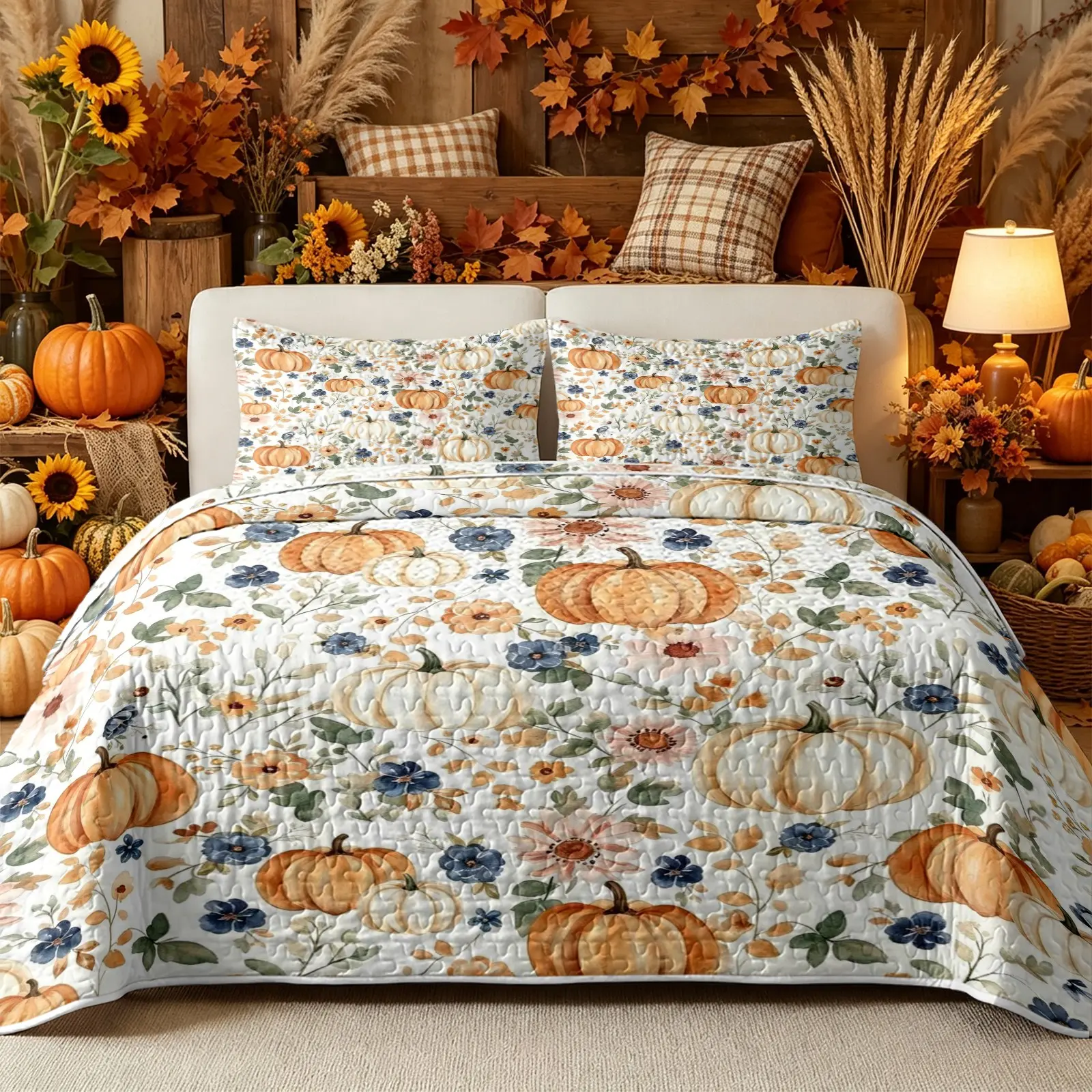 3Pcs Vintage Watercolor Pumpkin Floral Quilt Bedding Set, Soft Reversible Bed Cover, Warm‑toned Full Print Of Pumpkins & Wild Flowers,1 Quilt +2 Pillowcases, All‑Season, Autumn Vibe Bedding For Bedroom Guest Room