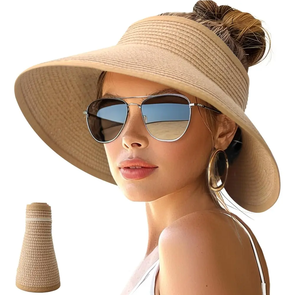 Women's Straw Wide-Brimmed Roll-Up, Foldable, Packable Sun Hat with Ponytail Opening - Beach Style, Casual Wear, Outdoor Cap for Sports Activities, Beach Sun Hat