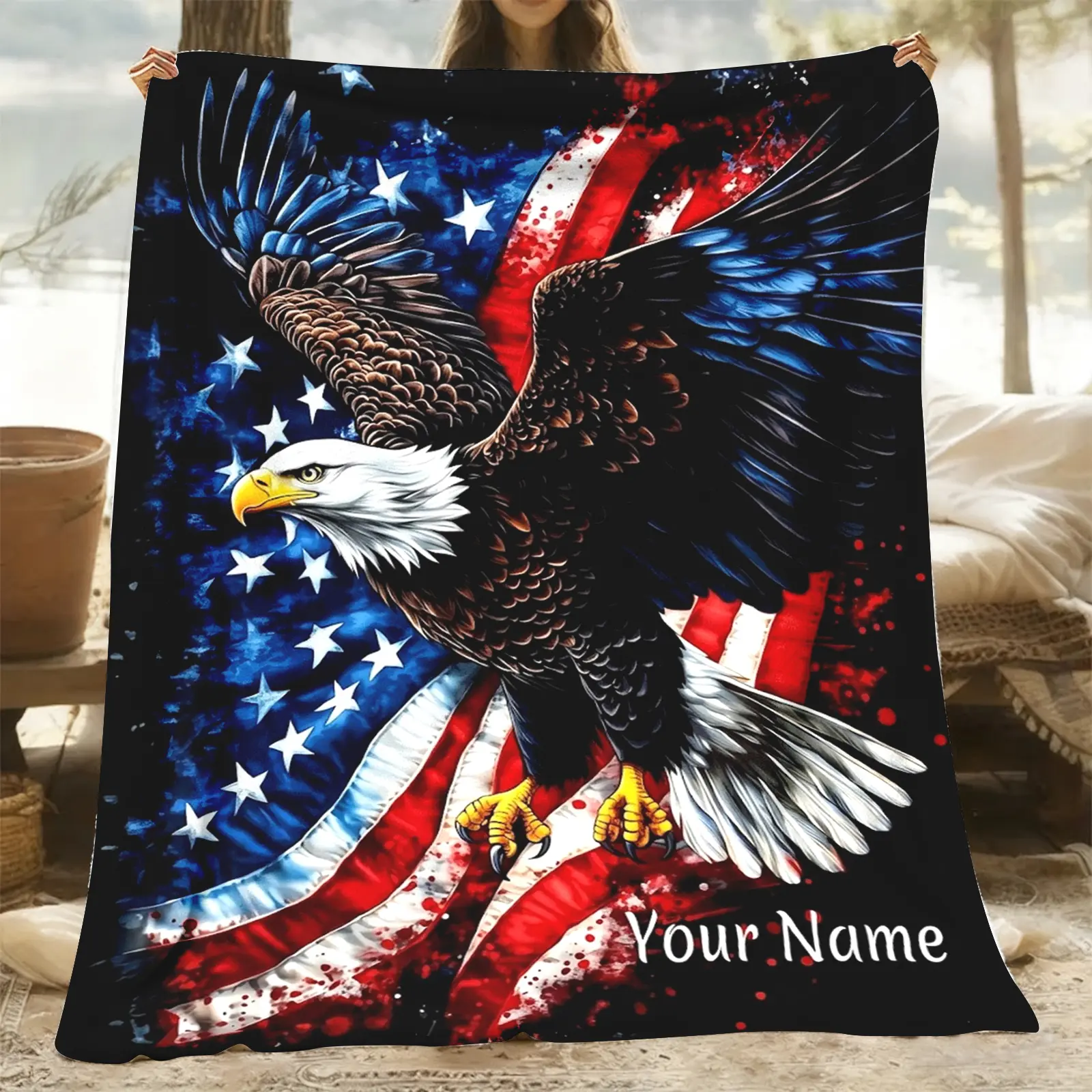    Bald Eagle American Flag Flannel Throw Blanket, Distressed Stars Stripes Custom Your Name Soft Cozy Warm Cover, Personalized Patriotic Design, Gift for Him Dad Veteran, July 4th Keepsake Man Cave Couch Bedroom Decor holiday