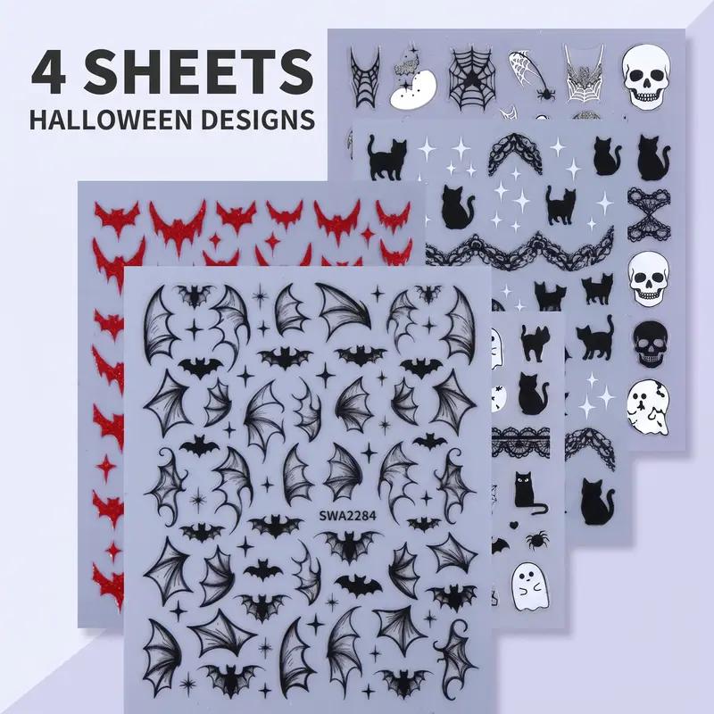 4 Sheets Halloween Nail Art Stickers, Nail Art Products, Bat Cat Spider Web Design DIY Nail Decals, Perfect for Women and Girls' Nail Festival Decorations