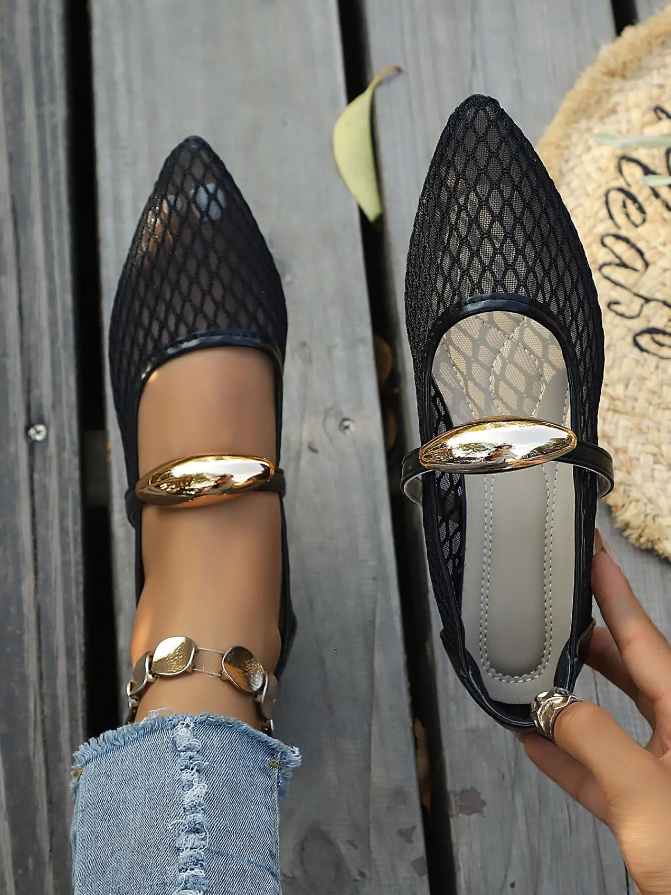 Elegant Mesh Mary Jane Shoes, Metal Buckle Strap, Breathable Flat Design, French Style, Perfect for Spring and Summer, Women's Fashion Footwear