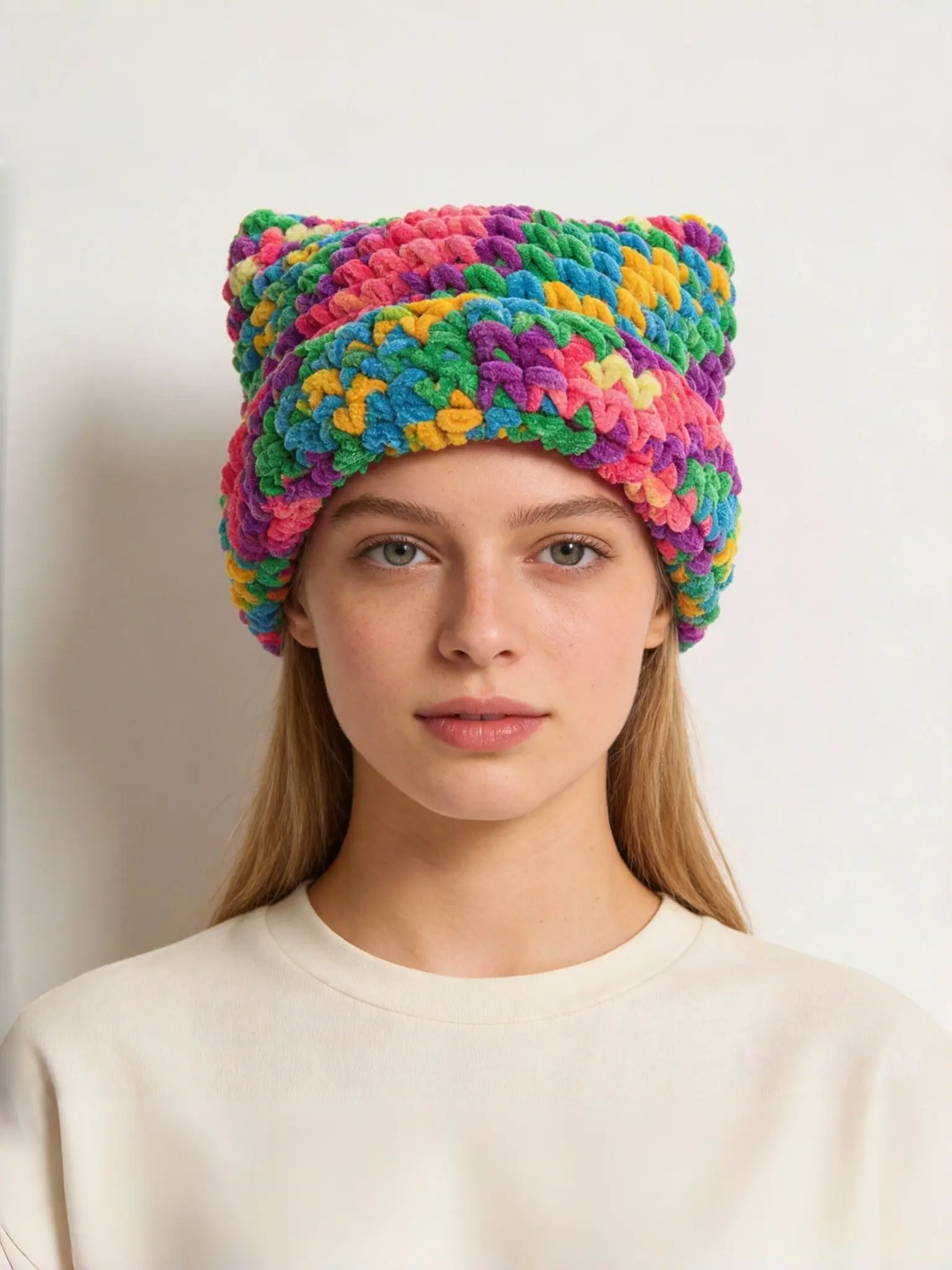 2026 New Unisex Fall Winter Gradient Rainbow Devil Horn Beanie, Thick Knit Cold Hat, Cute Style, Batch Number 59407633