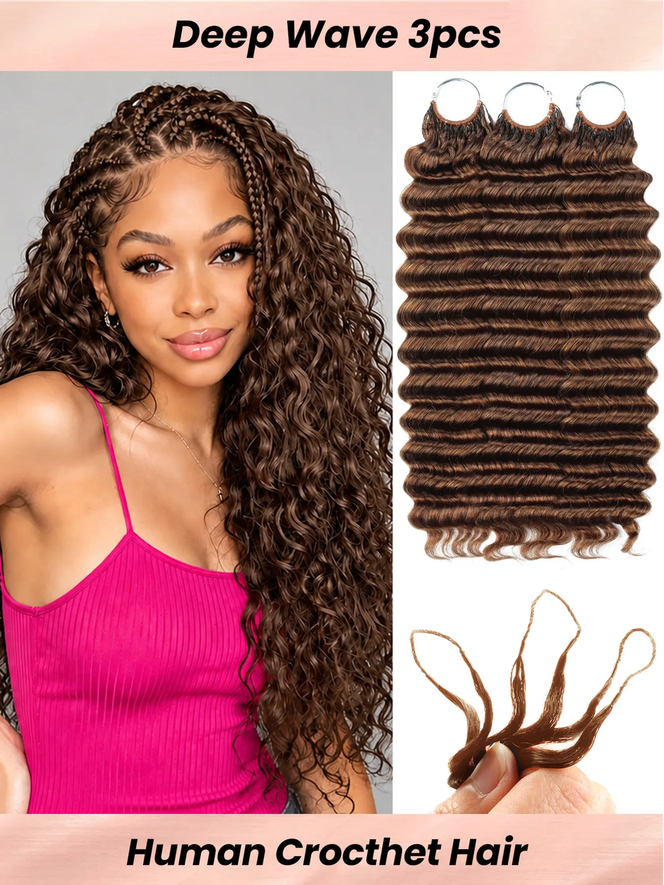 #4 Brown Color Human Crochet Hair 3pcs for Black Women, Feather Human Hair Extensions Hairpieces 50g/pack, Reusable Miracle Look Hair Bundles, Soft Lightweight Small Knots Deep Wave Texture for Protective Styles